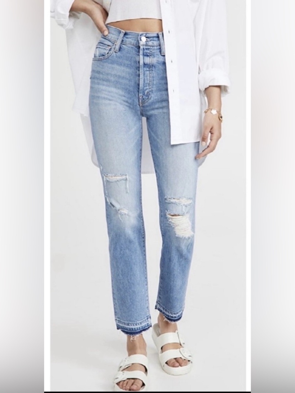 Mother Denim High Waisted Hiker Hover Undone Hem in On My Knees